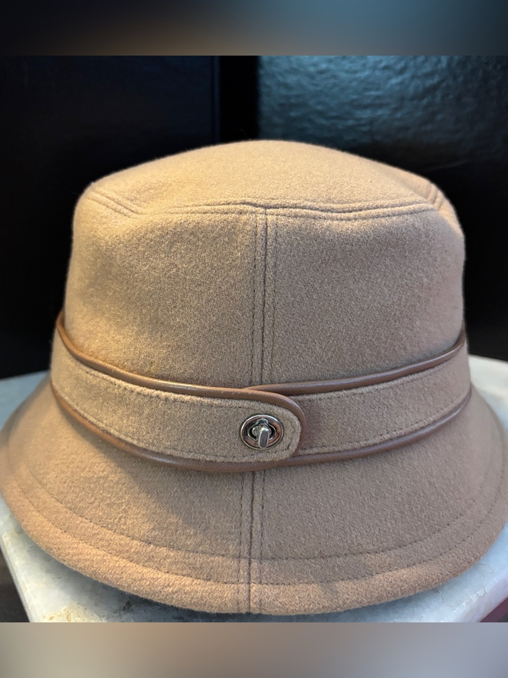 Coach Wool Bucket Hat in Camel with Decorative Turn Lock Band
